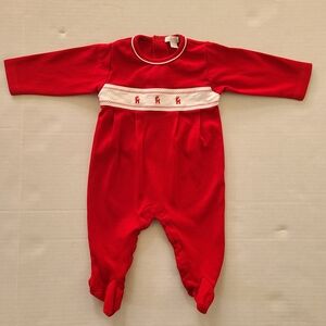 Kissy Kissy Christmas Footie 6-9M Red Pima Cotton With White Holiday Trim.